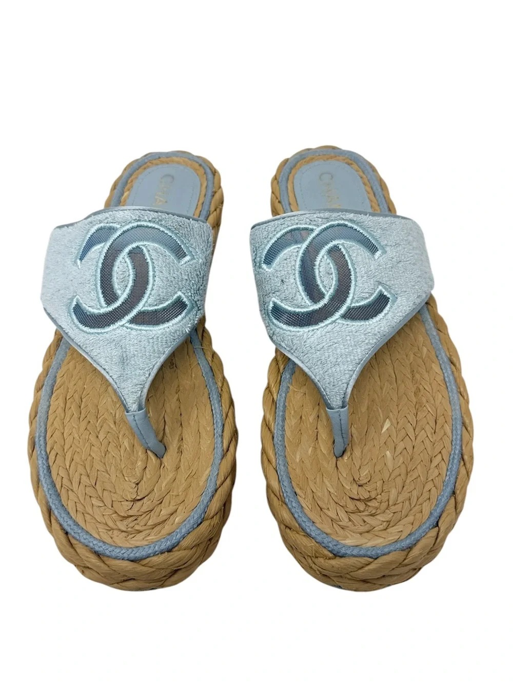 Chanel CC Terry Blue Thong Raffia Flat Slide Flip Flop Sandals Size 40.5